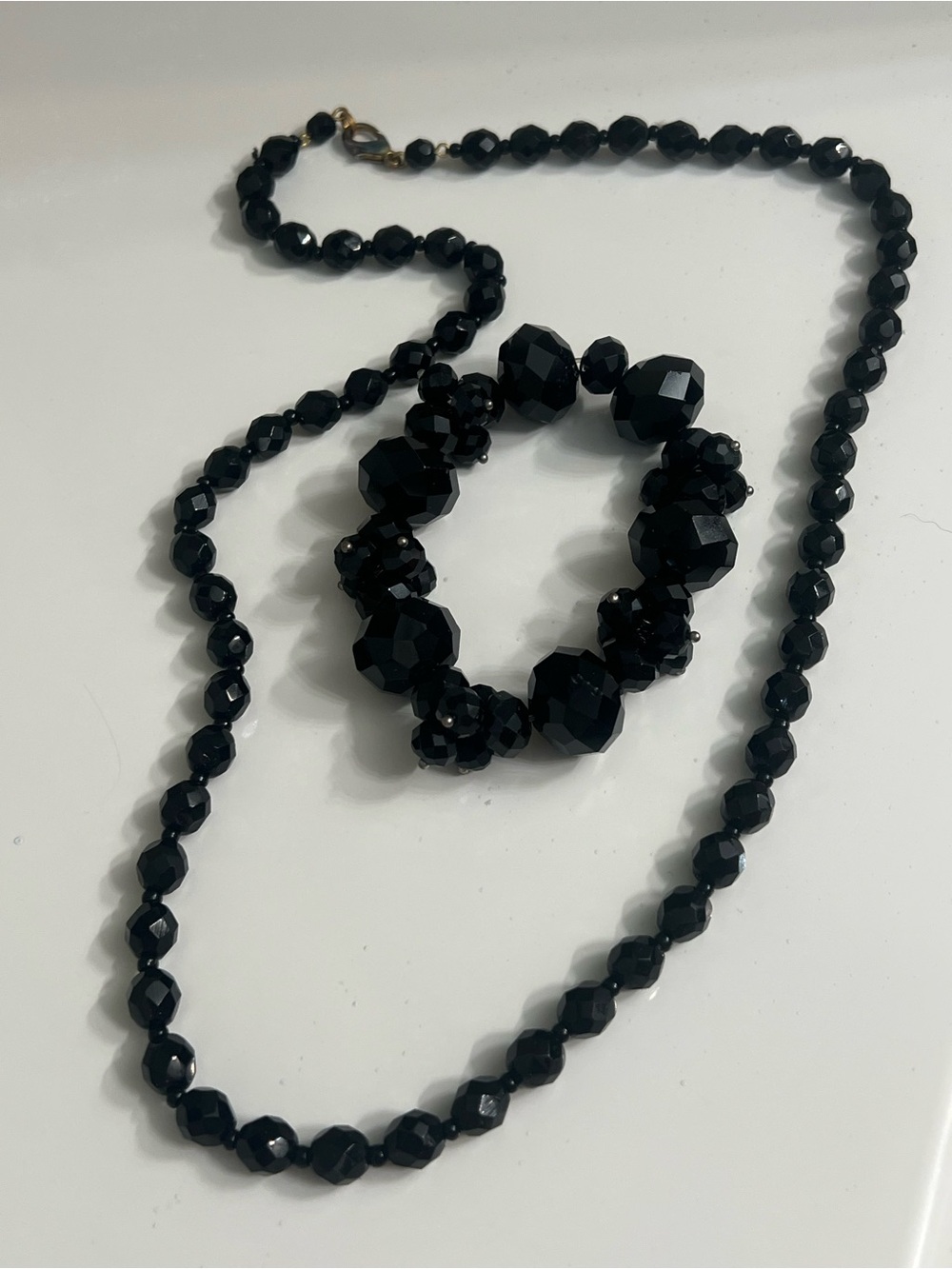 Black Faceted Bead Necklace and Bracelet Set - Classic Women's Jewelry
